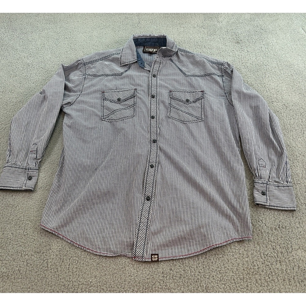 Cowboy Up Shirt Mens Large meas 46x30 Western Button Down Brush Popper Plaid